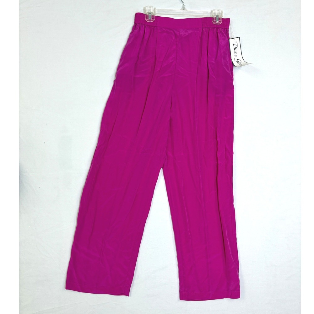 Diane Gilman Vintage Magenta Pink 100% Silk Wide Leg Elastic Waist Pants Large